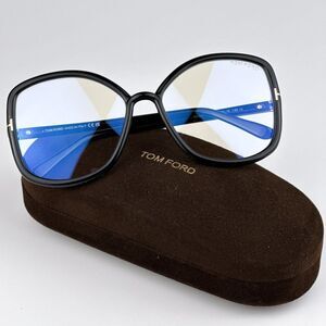 NEW Tom Ford FT5845-B 001 Shiny Black Blue Block Butterfly Women Eyeglasses